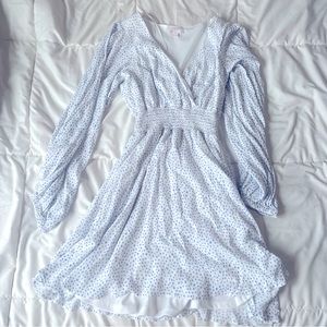 Long Sleeved White Blue Dotted V Neck Dress